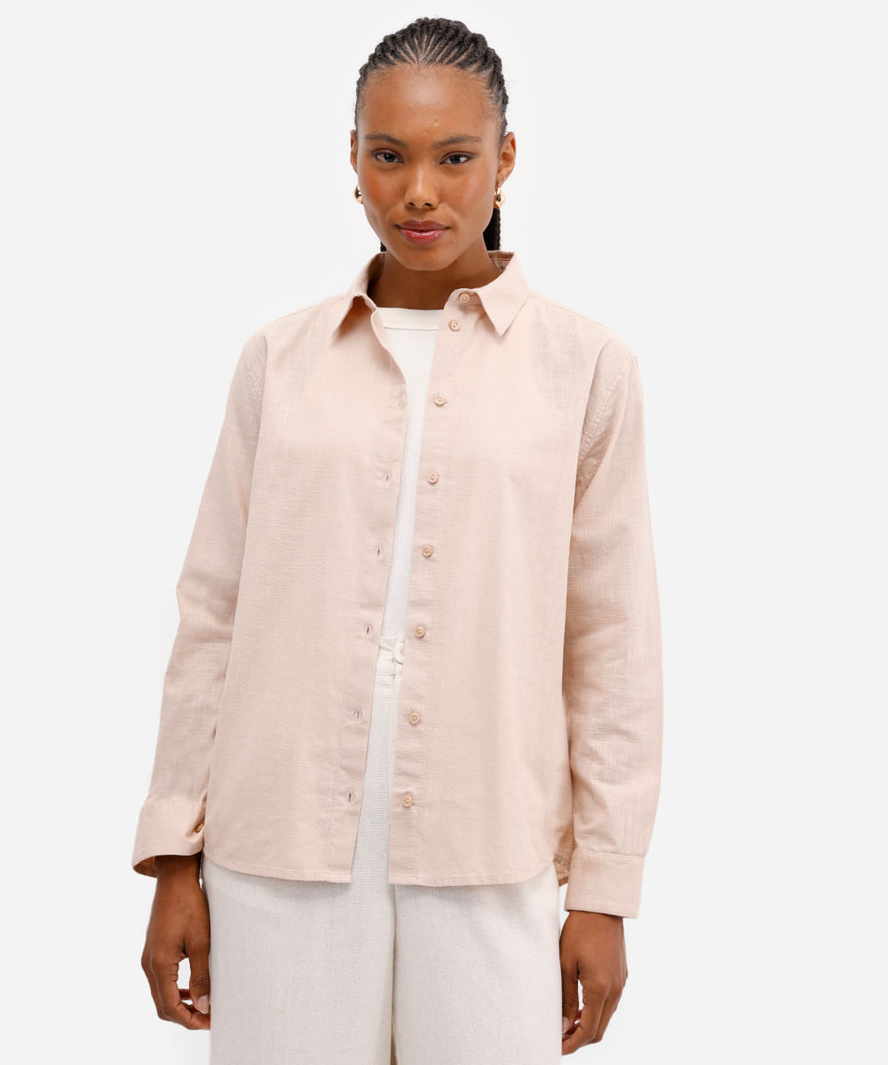 camisa feminina de algodão manga longa bege