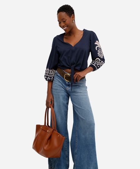 bata feminina de algodão manga bufante com arabesco azul PP bata feminina de algodão manga bufante com arabesco azul PP