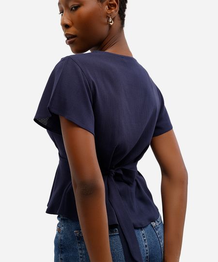 blusa feminina de viscose decote v com amarração azul P blusa feminina de viscose decote v com amarração azul P