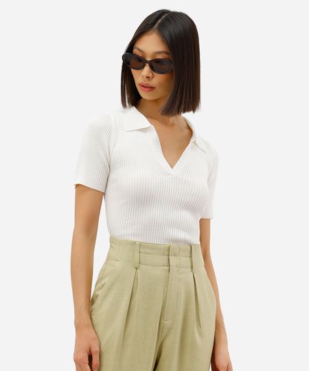 polo feminina tricot canelado off white M polo feminina tricot canelado off white M