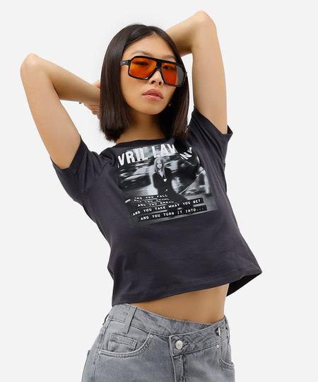 camiseta baby look feminina de algodão avril lavigne cinza M camiseta baby look feminina de algodão avril lavigne cinza M