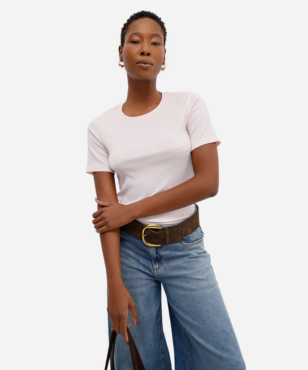 blusa básica feminina baby look texturizada rosa