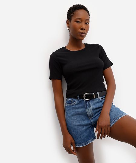 blusa básica feminina baby look texturizada preta P blusa básica feminina baby look texturizada preta P