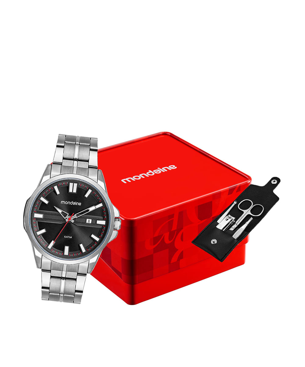 kit relógio masculino mondaine analógico calendário 32876g0mvne2kc prateado