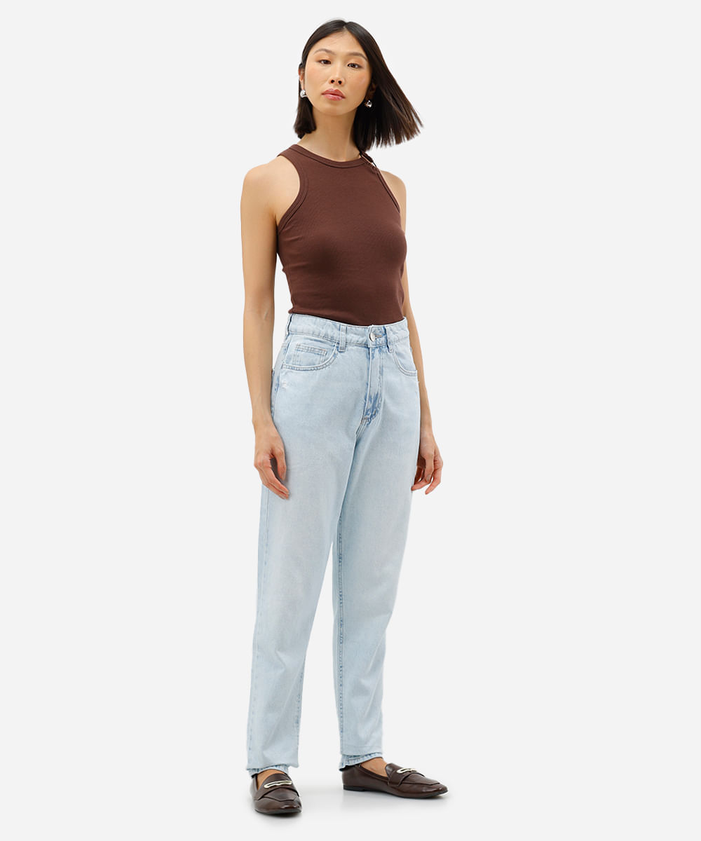 calça mom feminina jeans cintura alta azul