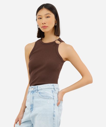 regata feminina de algodão com argola canelada marrom PP regata feminina de algodão com argola canelada marrom PP