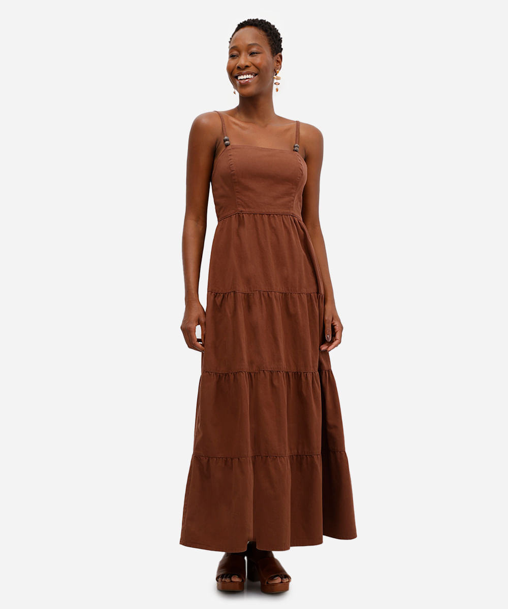 vestido feminino sarja longo marias marrom