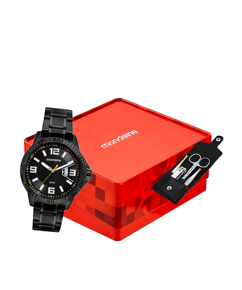 kit relógio masculino mondaine analógico calendário 99735gpmvpe3kb prateado