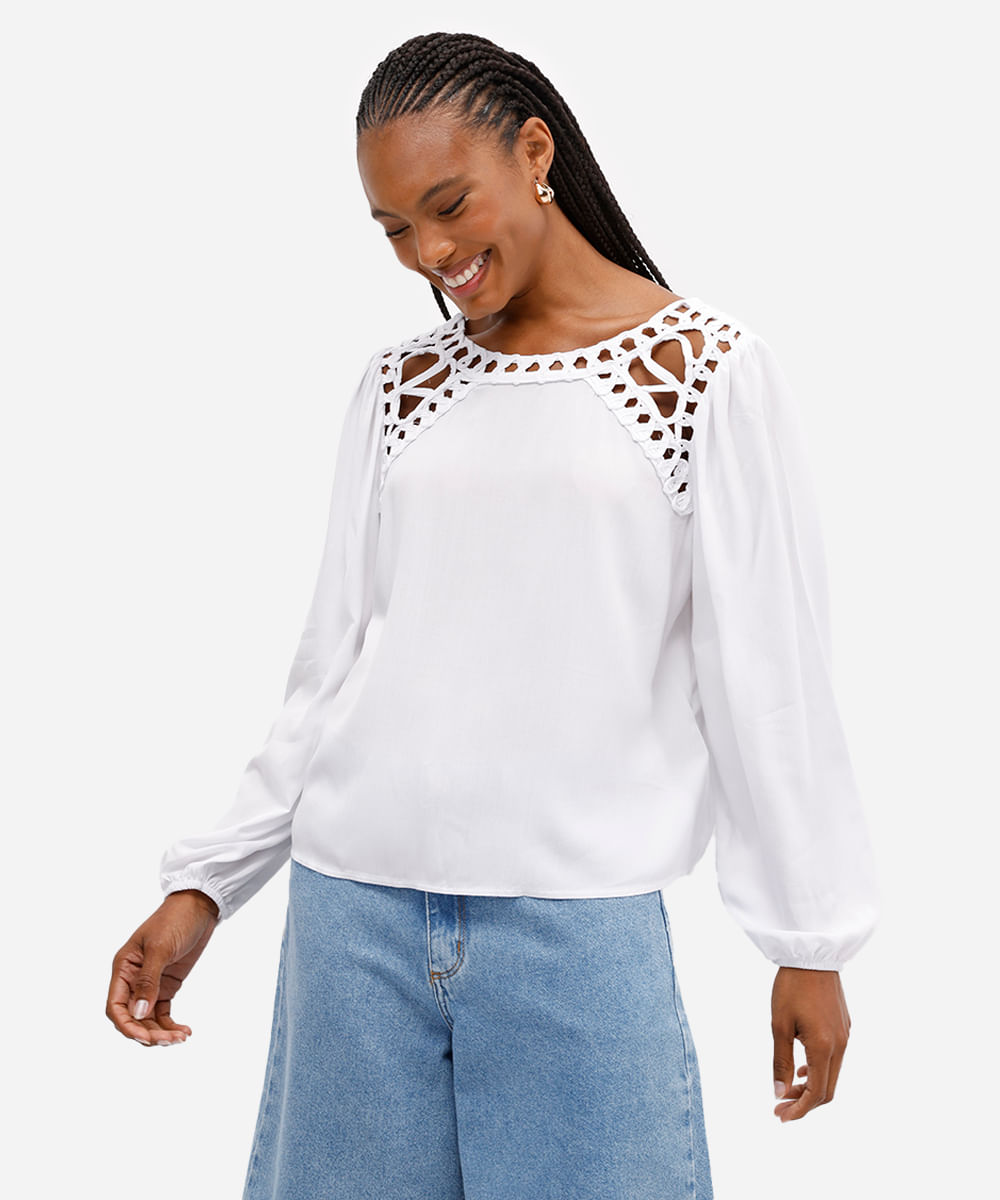 bata feminina manga longa macramê lisa off white