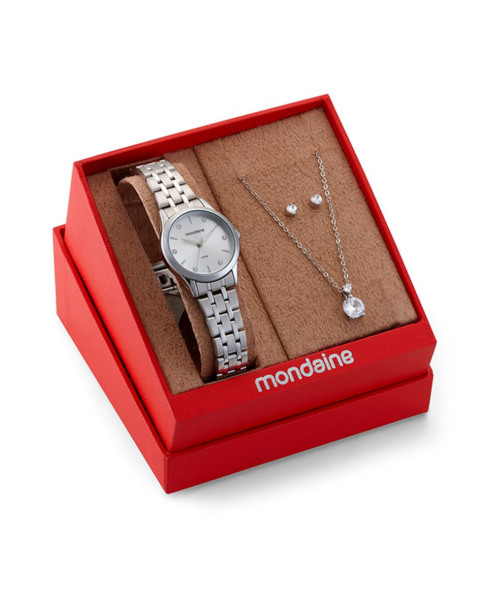 kit relógio feminino mondaine analógico 32610l0mkne2k1 prateado