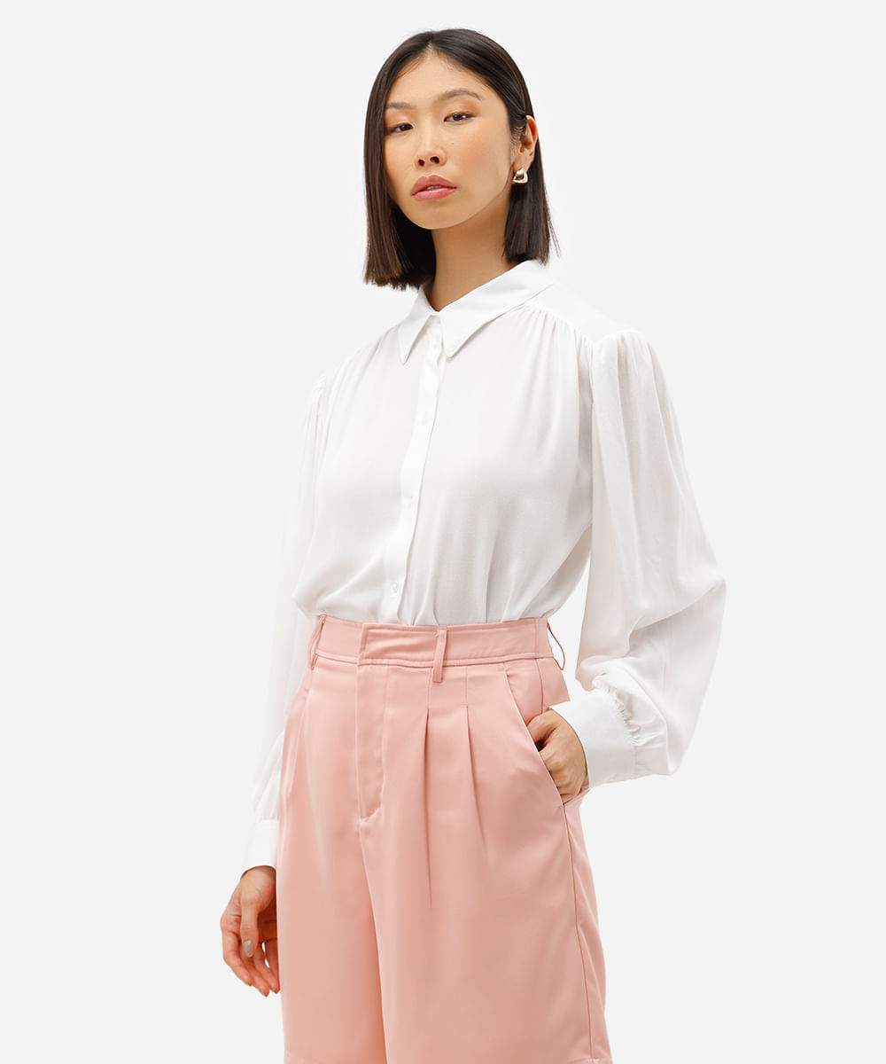 camisa feminina de viscose manga longa franzida off white
