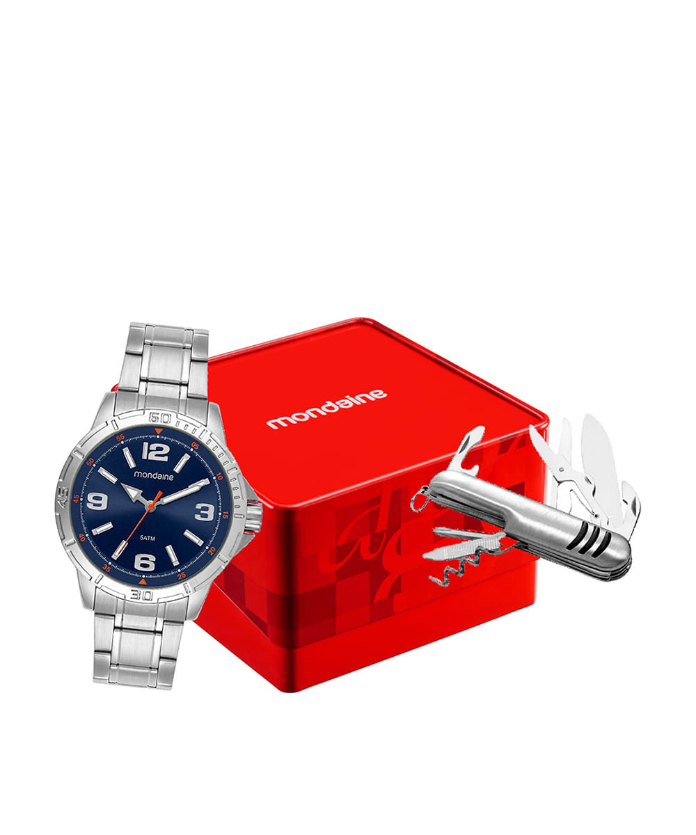 kit relógio masculino mondaine analógico 99746g0mvne1kc prateado