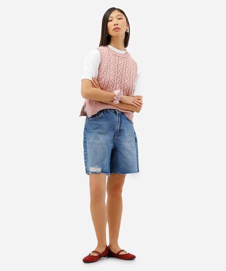 bermuda reta feminina jeans destroyed azul 38