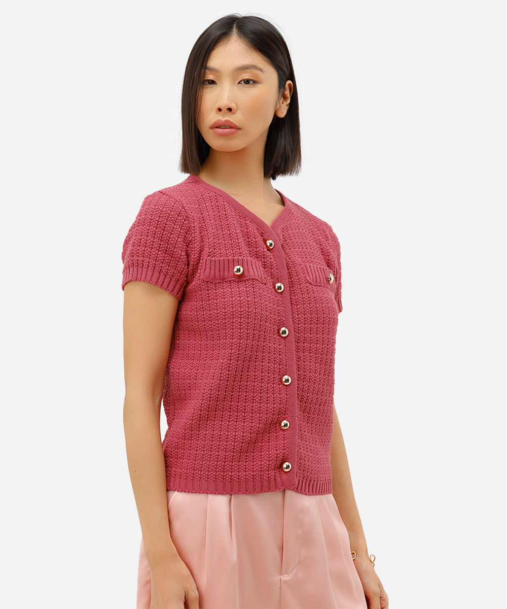 blusa feminina de tricot manga curta rosa