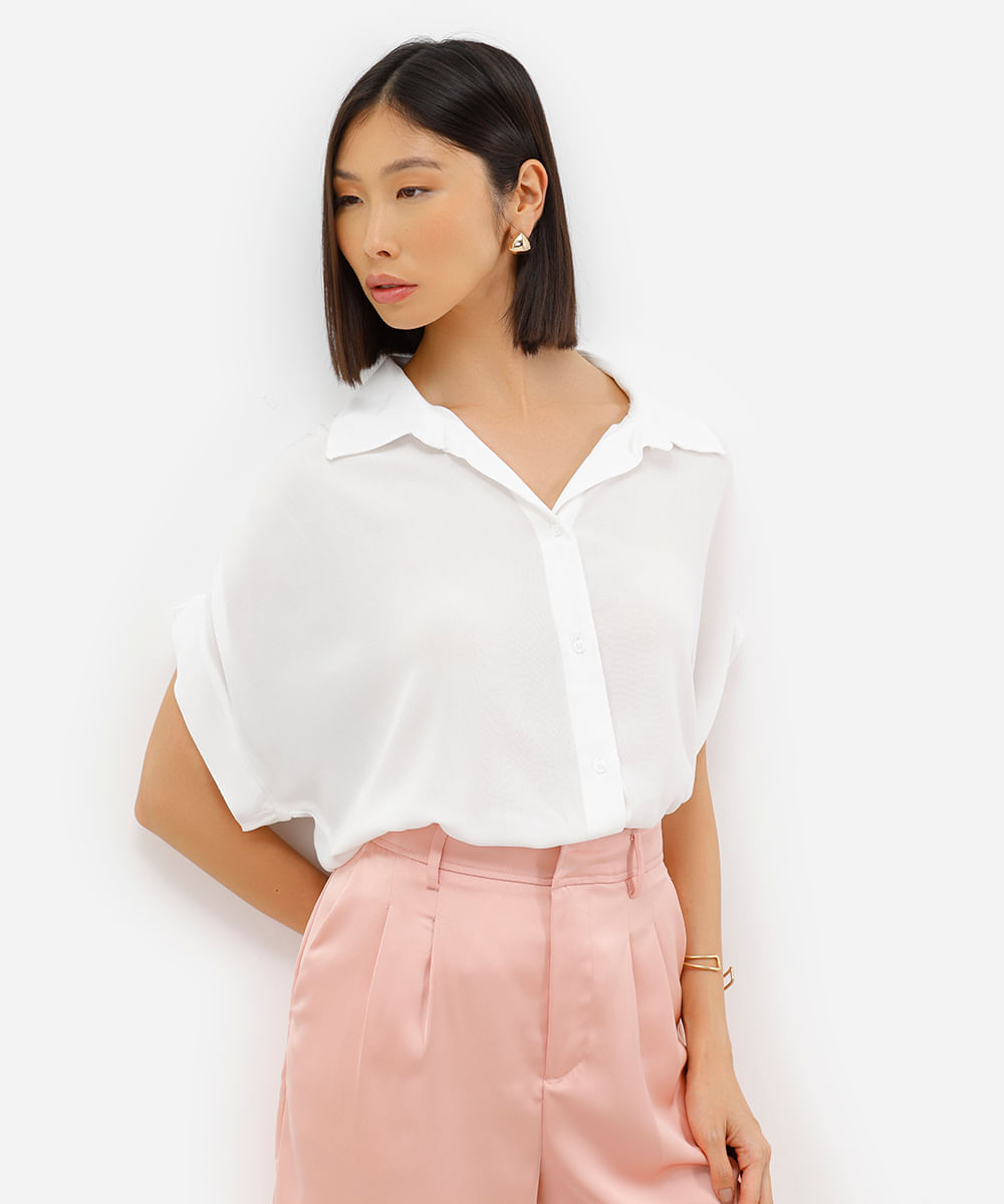camisa feminina de viscose manga curta texturizada off white