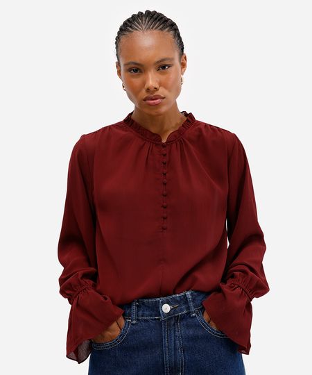 bata feminina com babado texturizada vinho G bata feminina com babado texturizada vinho G