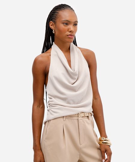 blusa feminina frente única franzida texturizada bege G blusa feminina frente única franzida texturizada bege G