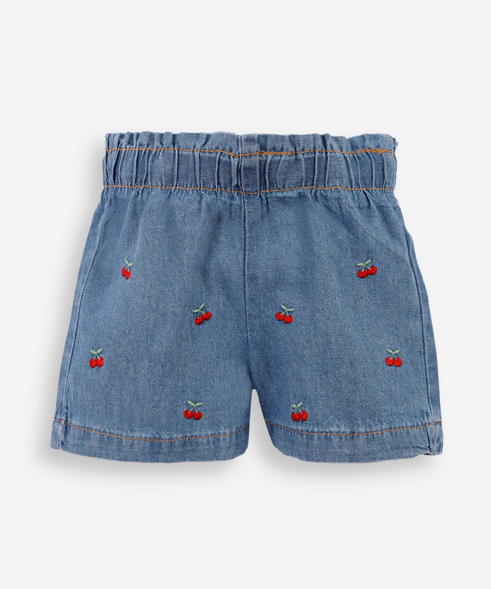shorts infantil jeans cereja azul