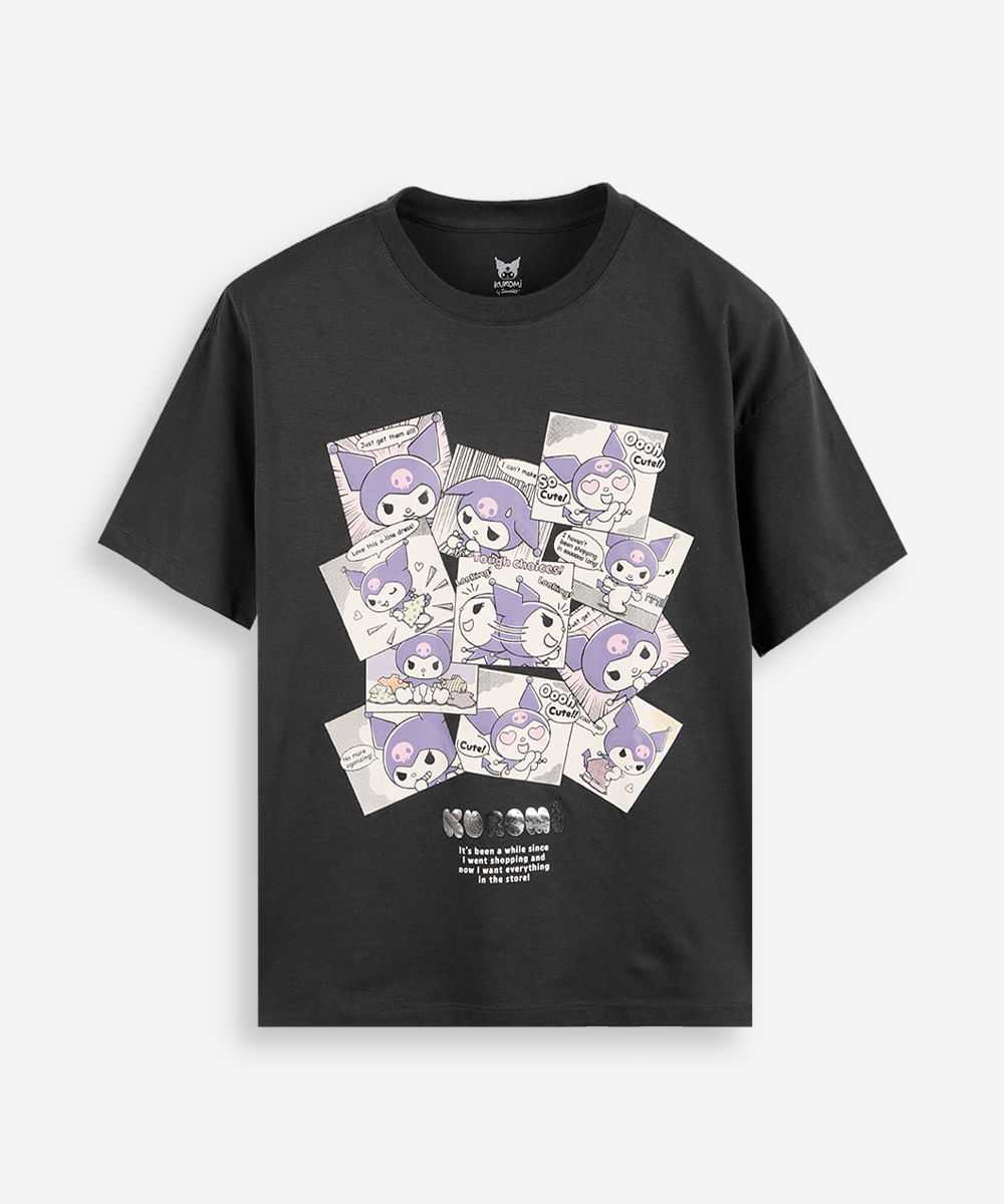 camiseta juvenil oversized kuromi comic book cinza