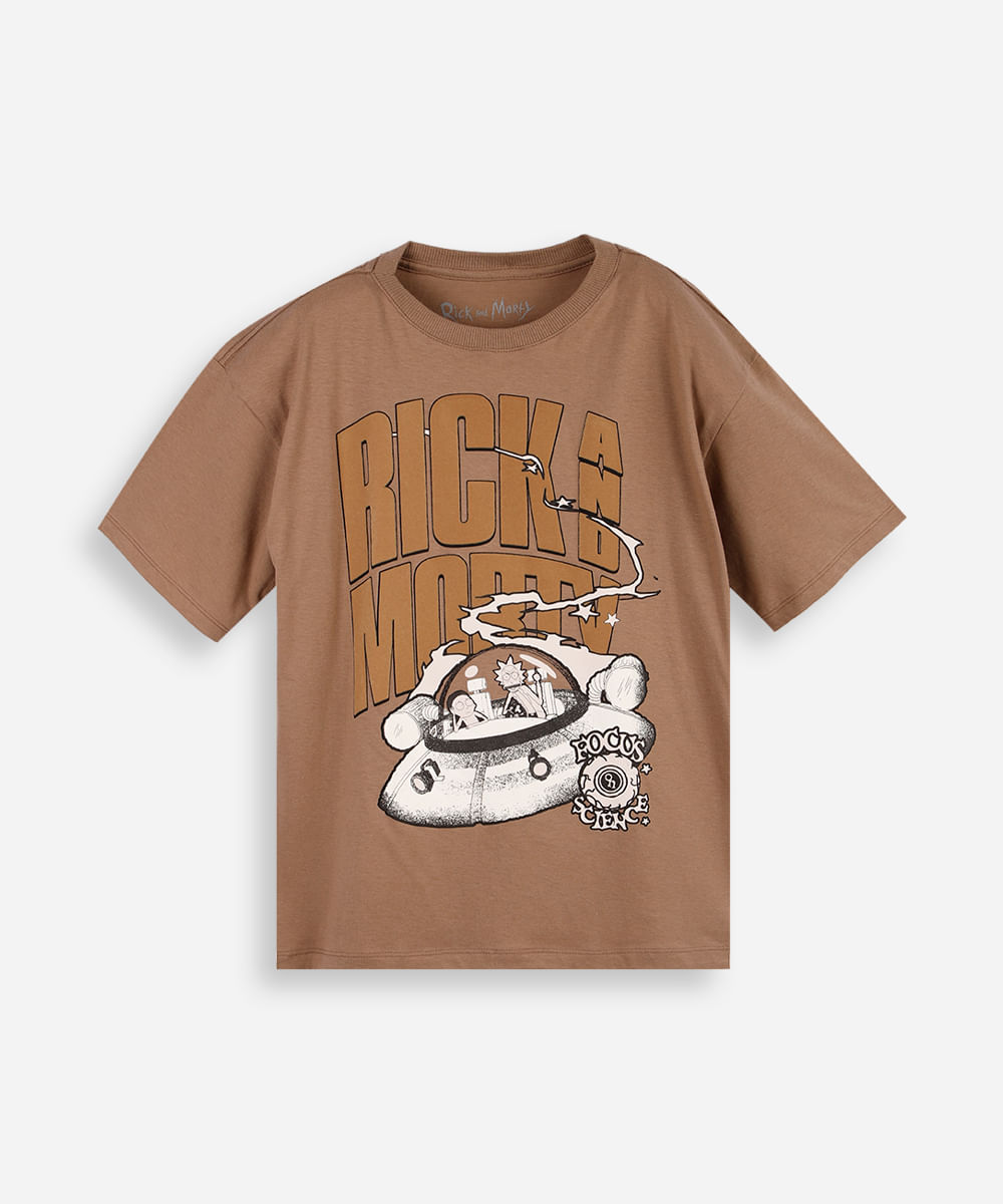 camiseta juvenil rick and morty nave espacial bege