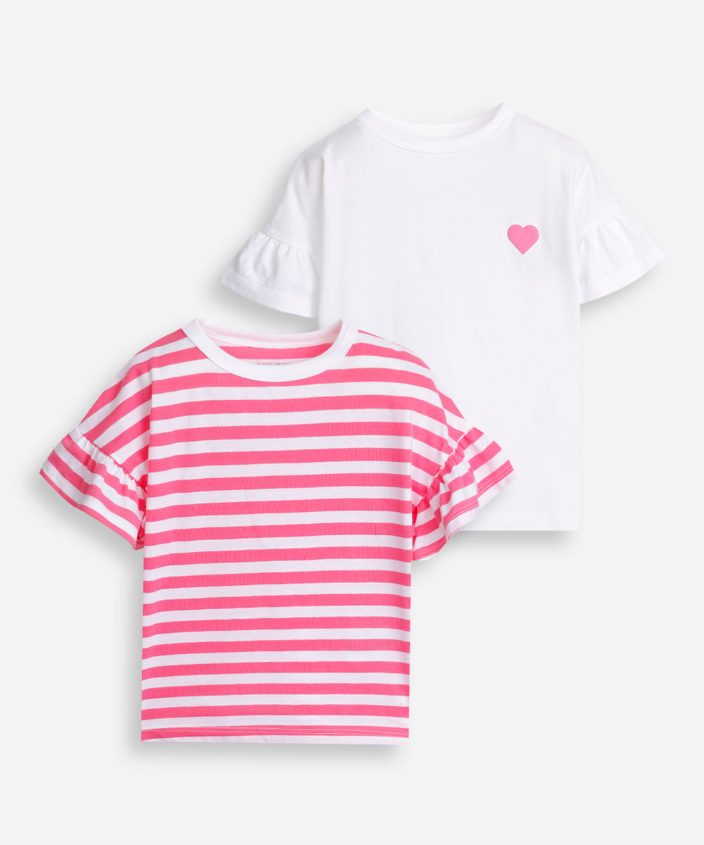 kit 2 camisetas infantis de algodão listrada colorido