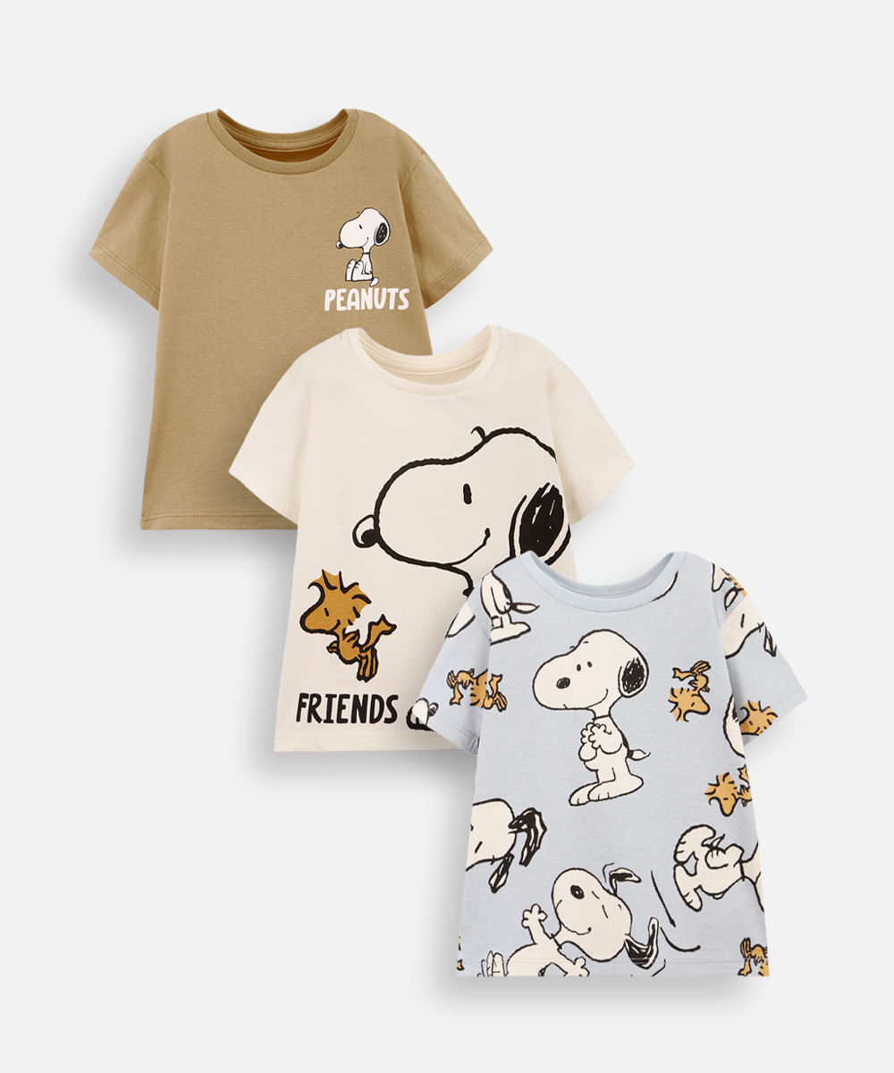 conjunto de 3 camisetas infantis snoopy colorida