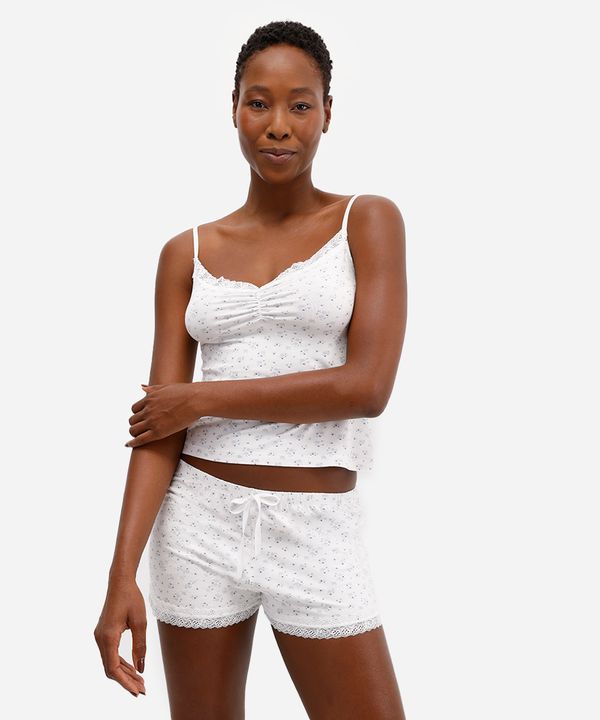 pijama short doll feminino com renda floral off white M
