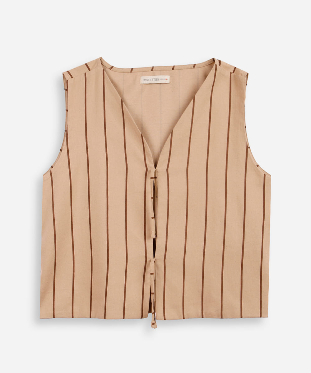 colete juvenil com linho e laços listrado bege