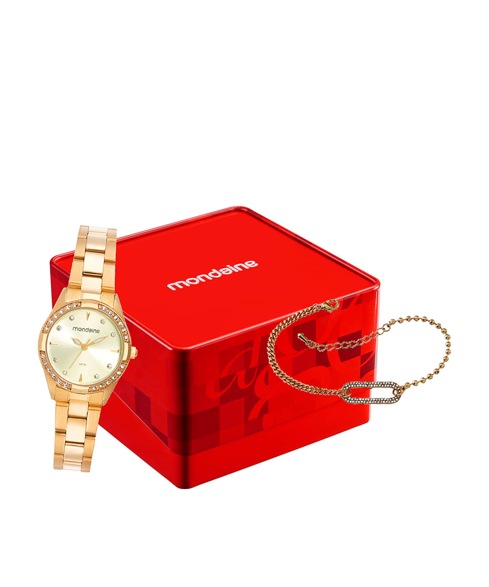 kit relógio feminino mondaine analógico 32771lpmvde1kc dourado
