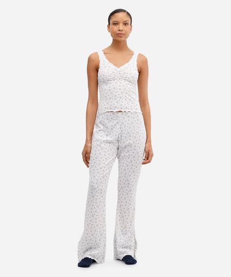 pijama feminino canelado com renda floral off white P pijama feminino canelado com renda floral off white P