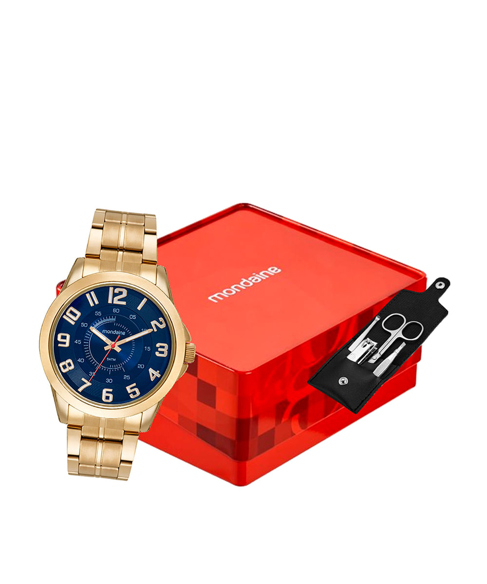 kit relógio masculino mondaine analógico 32604gpmvde1kc dourado
