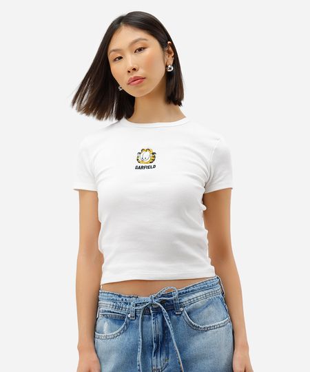 blusa baby look feminina de algodão com bordado garfield off white P blusa baby look feminina de algodão com bordado garfield off white P