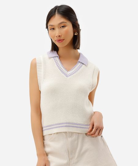 colete feminino de tricot com gola off white P colete feminino de tricot com gola off white P