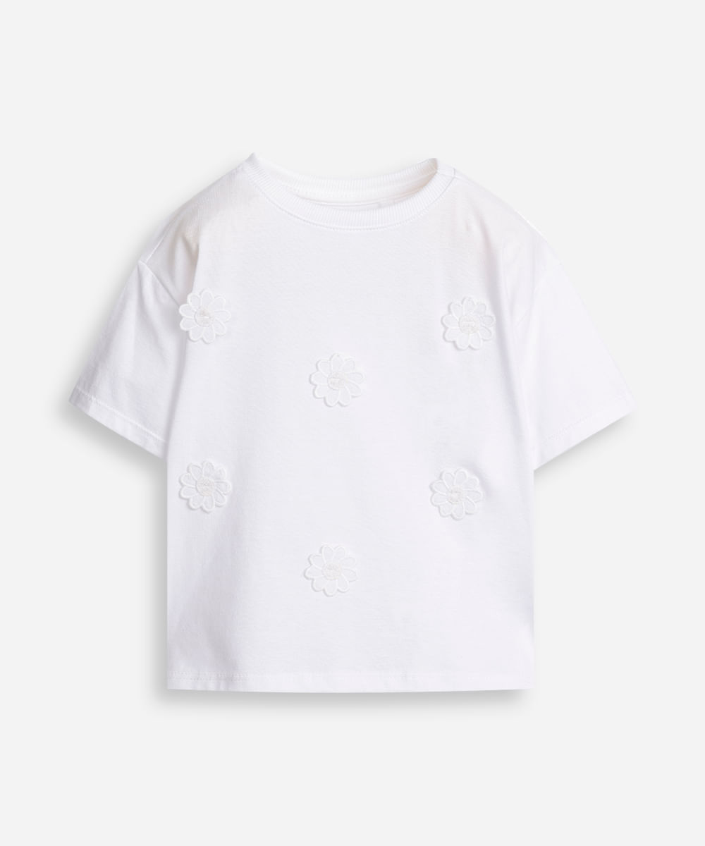 camiseta infantil manga curta aplicação flores off white