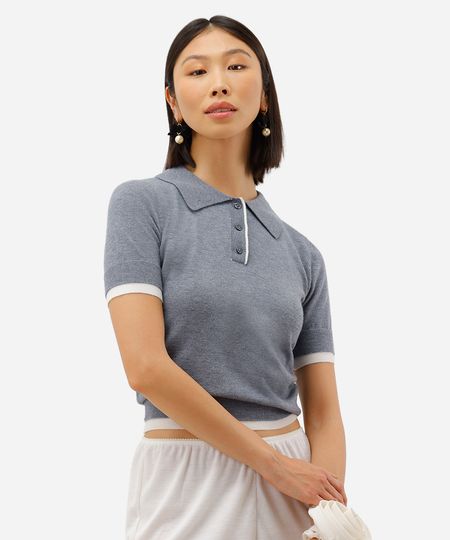 polo feminina dupla camada botões cinza M polo feminina dupla camada botões cinza M