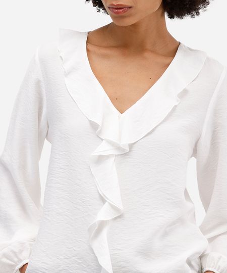 blusa feminina com babado manga longa off white P blusa feminina com babado manga longa off white P