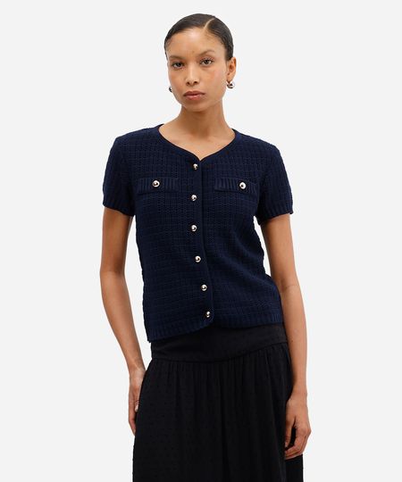 blusa feminina de tricot manga curta azul PP