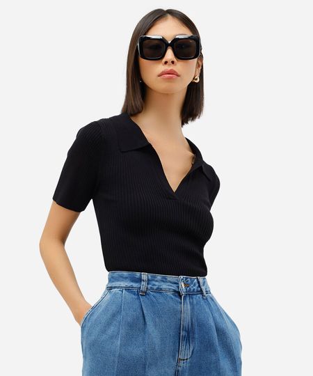 polo feminina tricot canelado preta GG