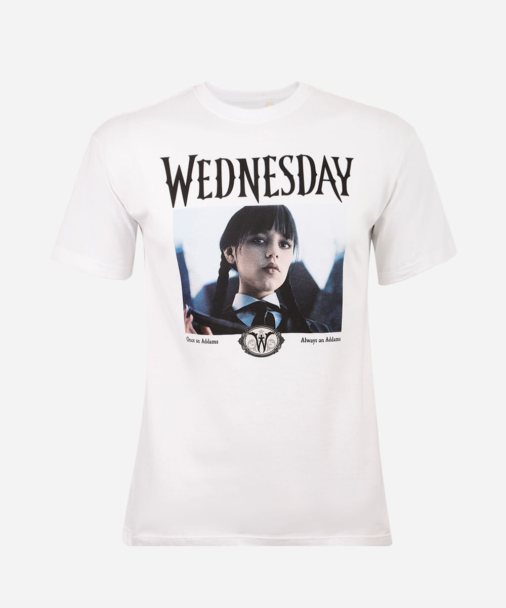 camiseta juvenil de algodão wandinha off white