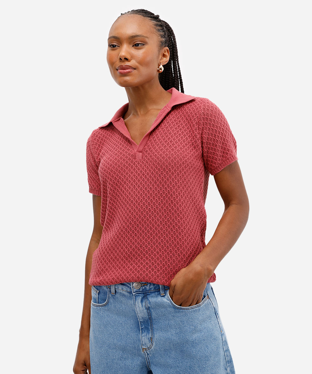 polo feminina de tricot manga curta texturizada rosa