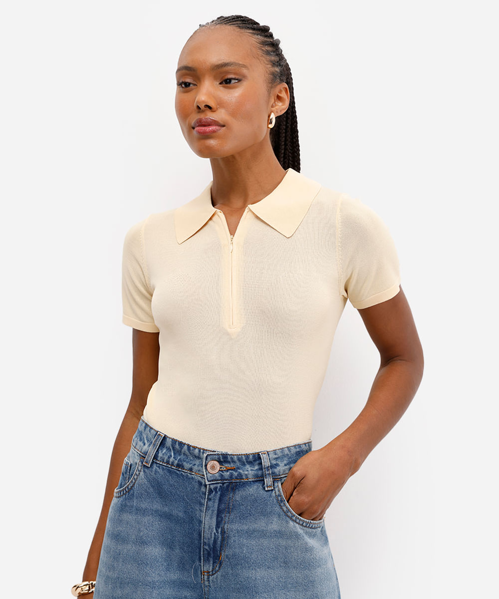 polo feminina zíper invisível em tricot amarela