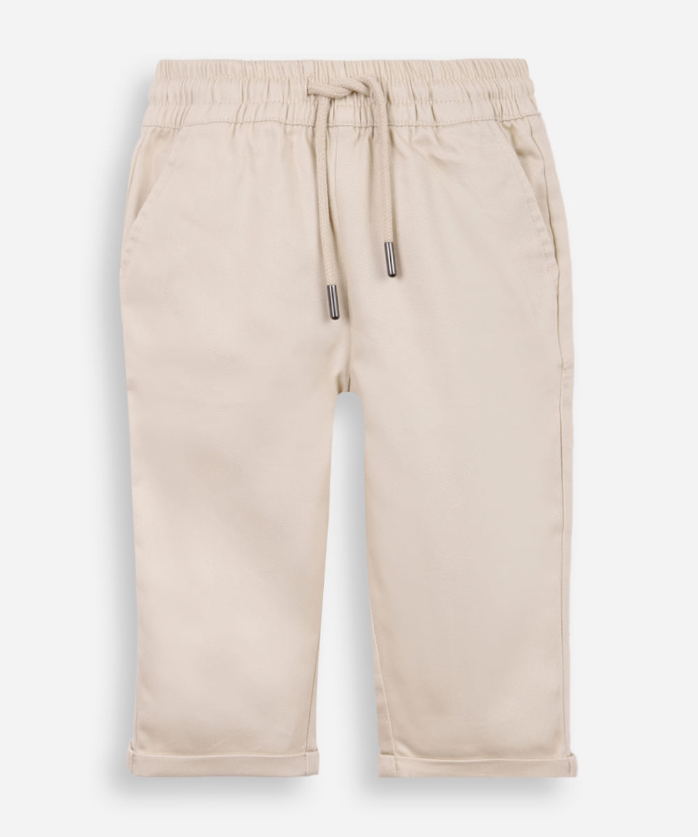 calça reta infantil de sarja cós elástico bege