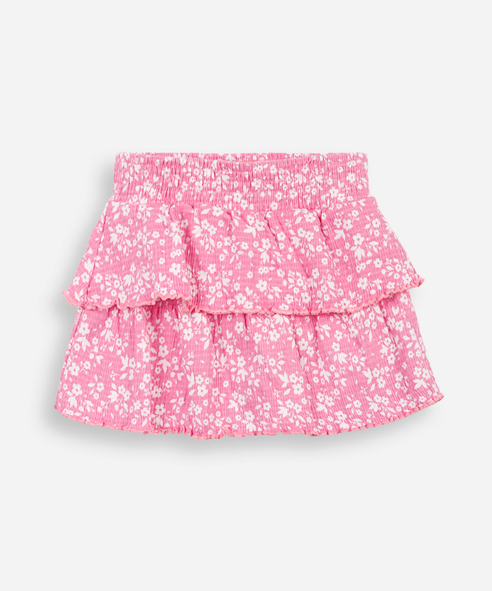 saia curta infantil de algodão floral texturizada rosa