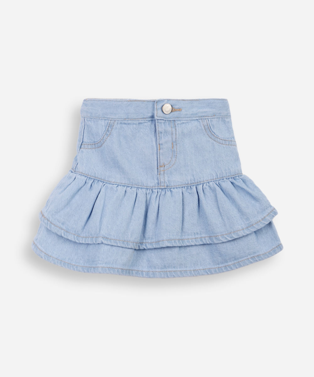 saia curta infantil jeans com babados azul