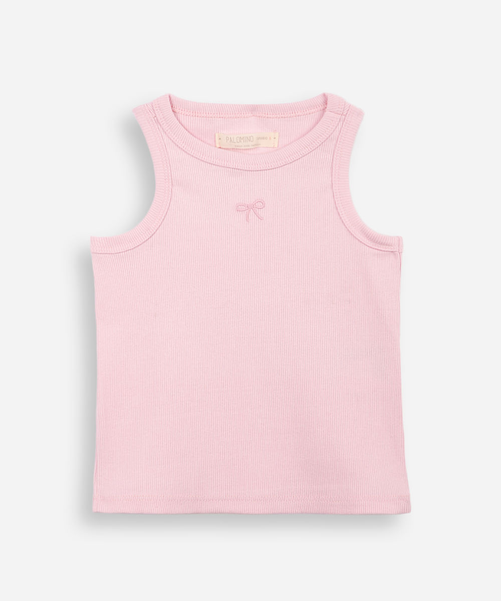 regata infantil de algodão com bordado canelada rosa