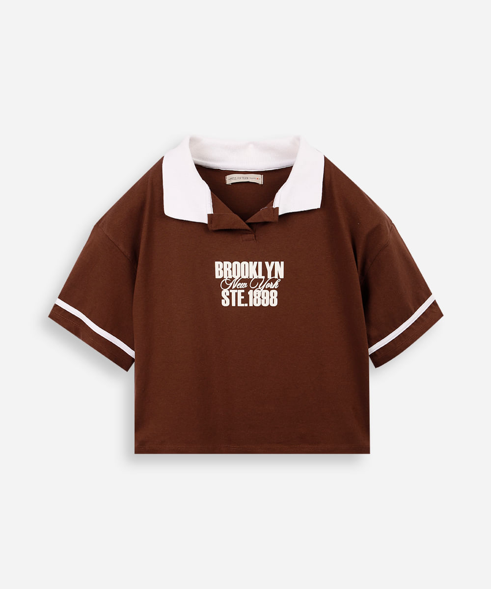 polo cropped juvenil de moletom bicolor marrom