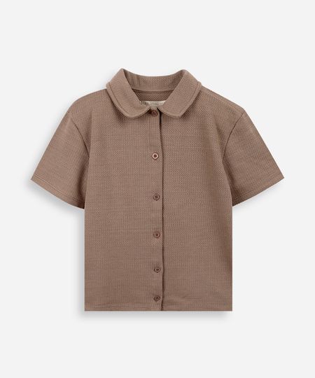 camisa infantil manga curta malha texturizada bege 4 camisa infantil manga curta malha texturizada bege 4