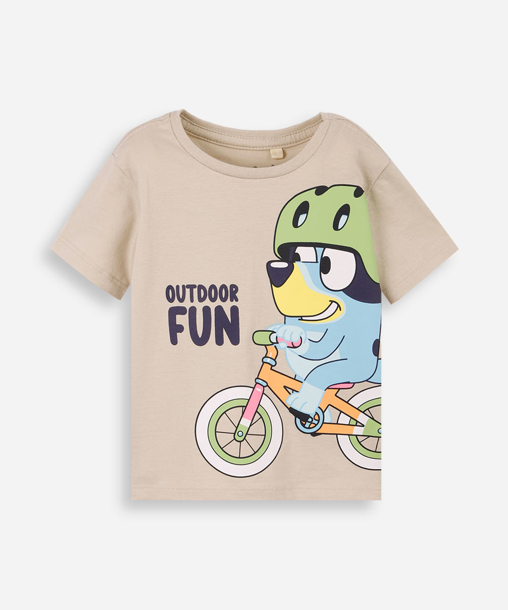 camiseta infantil de algodão bluey bicicleta bege