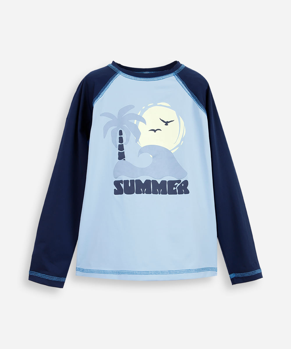 camiseta infantil manga longa proteção uv surf azul
