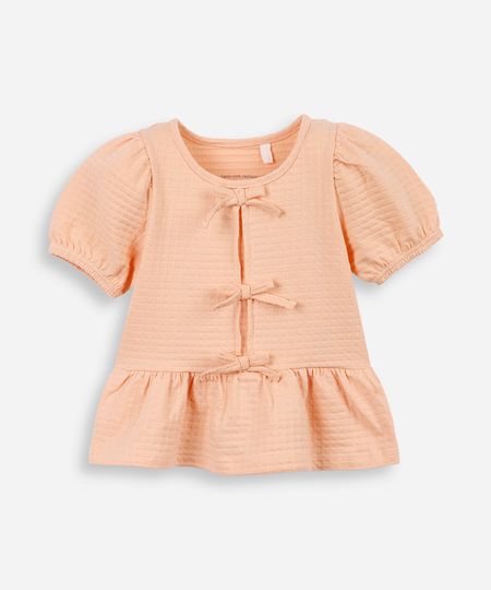 blusa de algodão infantil com lacinho texturizada laranja 1